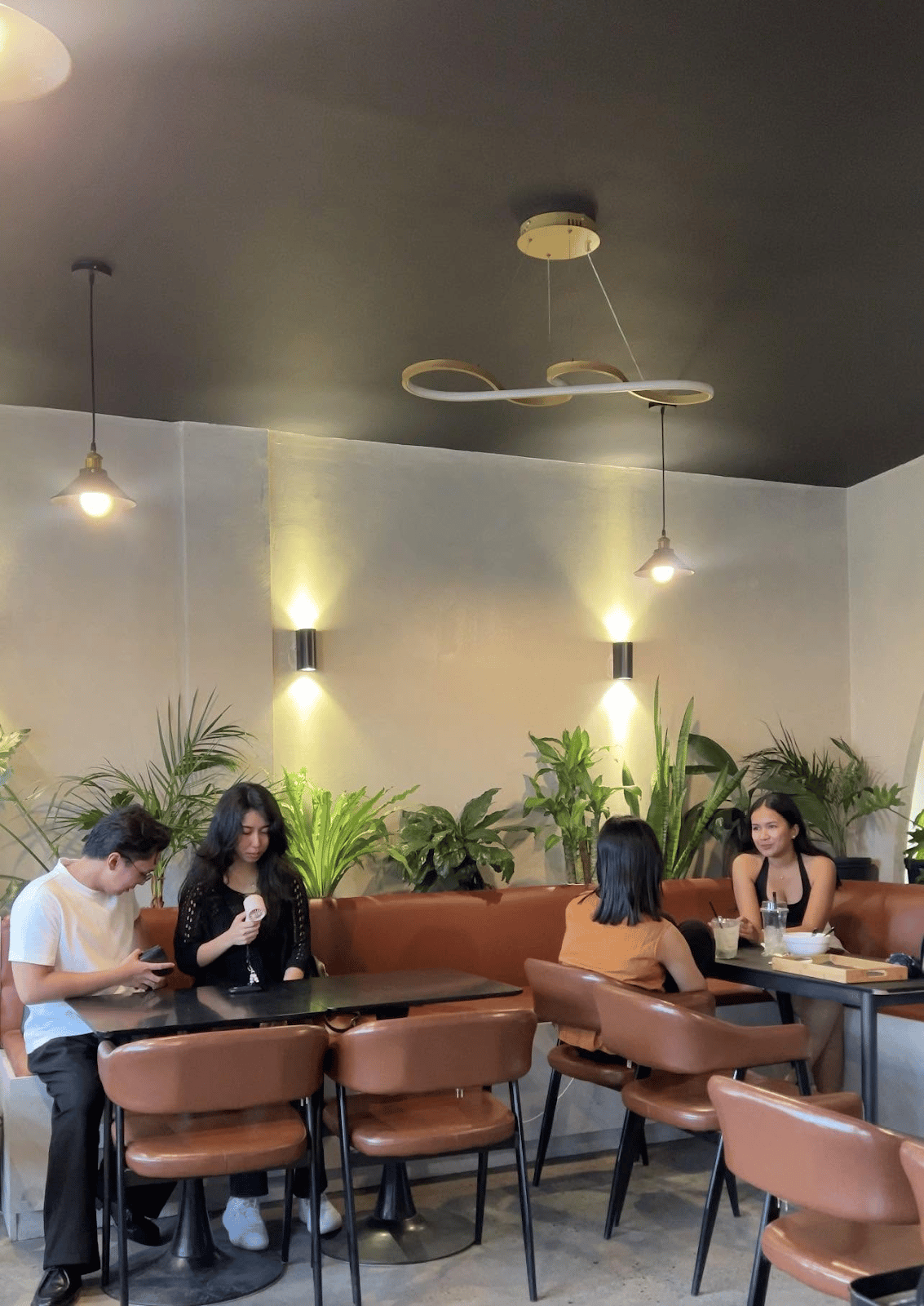 Warm terracotta seating and plants inside the café