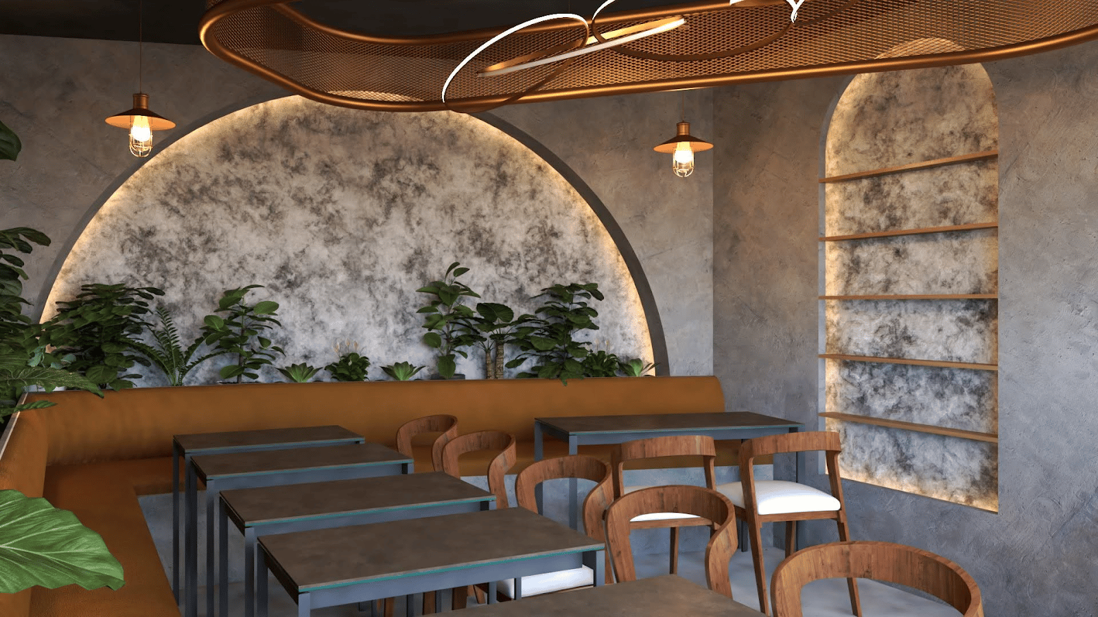 La Sanch Café interior with arched seating and warm lighting